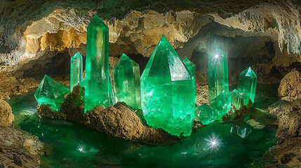 Poster - Mysterious cave interior adorned with glimmering green crystals that sparkle under soft ambient light creating an enchanting atmosphere.