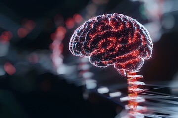 Poster - Glowing red digital brain hologram with neural connections and DNA spiral structure on dark background, representing artificial intelligence and biotechnology.