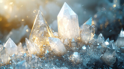 Poster - A close-up view of individual sparkling quartz crystals showcasing their unique shapes and natural beauty in a stunning display of light.