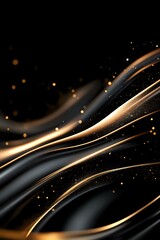 Poster - Elegant flowing curves in black and gold with sparkling particles create luxurious abstract background. Smooth waves and light effects add dynamic movement.