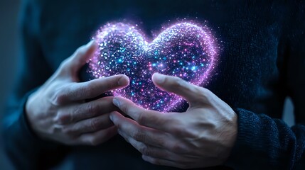 Poster - Magical glowing heart shape with sparkles and stars floating between gentle hands against dark background, creating romantic atmosphere for Valentine's day designs.