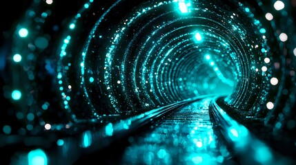 Aufkleber - Futuristic glowing tunnel in cyan blue with light reflections and bokeh effects creates abstract technological perspective with circular patterns.