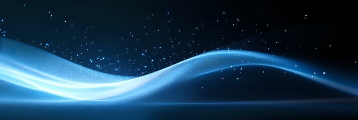 Poster - Abstract blue glowing wave on dark background with sparkles and light effects, flowing dynamic motion design element for modern backgrounds.