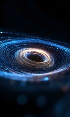 Poster - Glowing spiral of blue and gold light particles forming cosmic vortex against dark background, creating dynamic motion effect for science and technology designs.