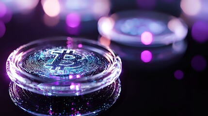 Poster - Glowing cryptocurrency coin with bitcoin symbol on dark background with purple bokeh lights and reflective surface, modern financial technology concept.