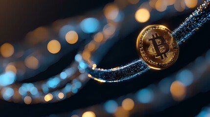 Poster - Golden bitcoin coin on dark background with blue bokeh lights and glitter effects creating magical cryptocurrency finance atmosphere.