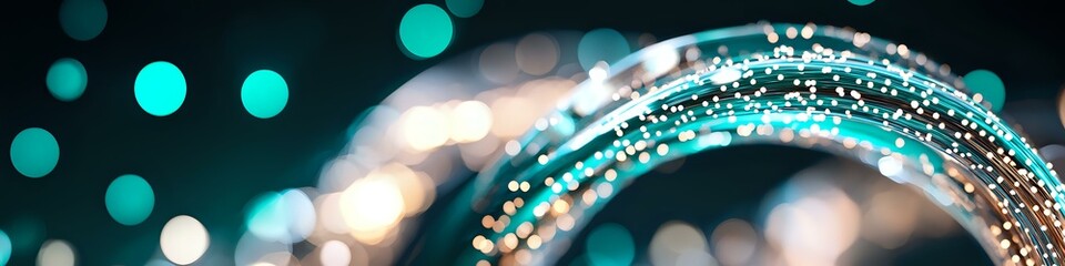 Poster - Glowing turquoise bokeh lights and sparkling silver glitter create magical abstract background with blurred circular shapes and shimmering particles.