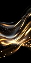 Poster - Luxurious golden waves flow with sparkling particles against black background, creating elegant abstract design with glowing light trails and bokeh effects.