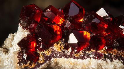 Poster - Beautiful cluster of red crystals with translucent garnets, softly illuminated to highlight their natural beauty and unique features.