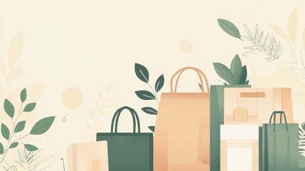 Poster - Modern background featuring reusable grocery bags and eco-friendly packaging in clean green and beige tones for sustainable living Generative AI