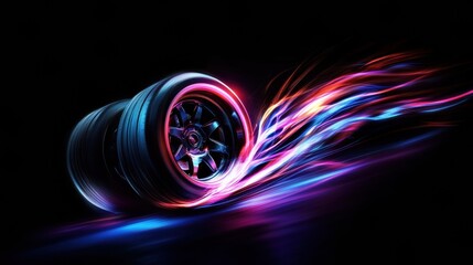 Poster - Glowing car wheel leaving vibrant neon gasoline trail in an energetic abstract background