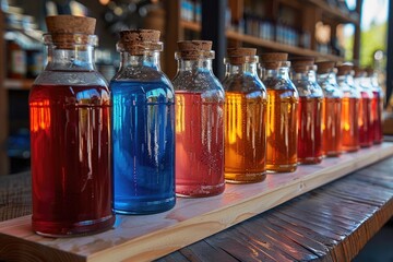 Poster - A line of small glass bottles filled with colorful liquids