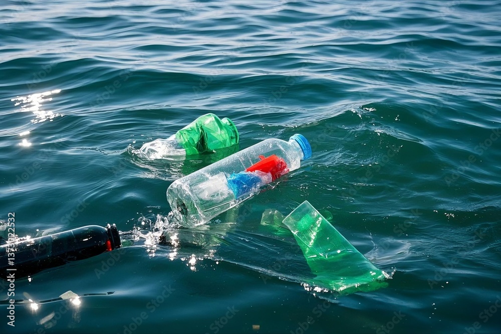 Ocean pollution. A sea surface littered with plastic bottles, debris ...