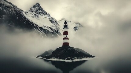 Wall Mural - a lighthouse sits atop an island in a body of water, surrounded by snow-capped mountains