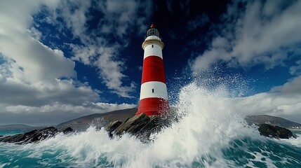 Wall Mural - a red and white lighthouse sits atop a rock amidst a body of water, with waves relentlessly crashing
