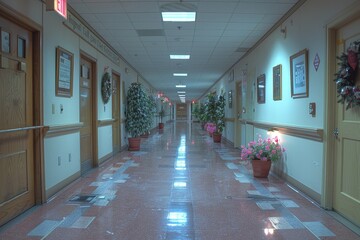 Poster - A long institutional corridor is decorated with potted plants and artwork
