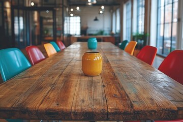 Poster - a long rustic wooden table surrounded by colorful chairs