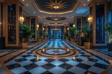 Poster - A luxurious hallway with plants and a checkered floor