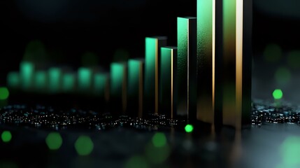 Poster - Growing financial bar chart with glowing green light effect on dark background showing business growth and success analytics data visualization.