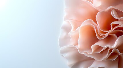 Poster - Delicate coral-pink ruffled petals create soft waves and gentle folds against light background, showcasing organic flowing shapes and ethereal texture in macro detail.