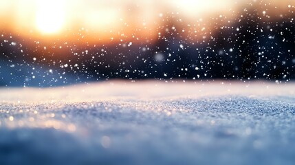 Poster - Magical winter landscape with sparkling snow at sunset. Blurred natural background with bokeh effect and falling snowflakes creates dreamy atmosphere.