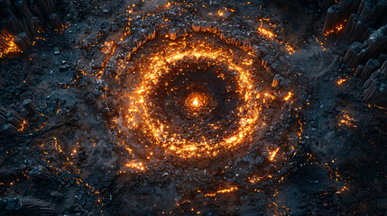 Poster - Dramatic scene of a fiery fireball over a bustling cityscape captured from above showcasing urban life under a colorful sky.