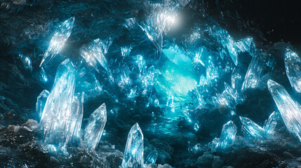 Poster - Enchanting cave filled with stunning ice crystals illuminated by dramatic harsh lighting in a mysterious fantasy world setting.