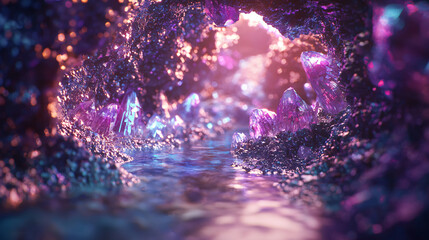 Poster - Mysterious tunnel with a bright light shining through at the end creating a soft ambient glow in a fascinating fantasy world.