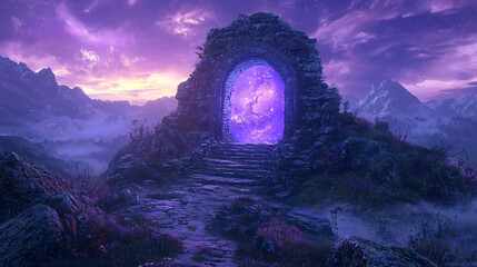 Poster - Enigmatic purple portal set against a majestic mountain landscape illuminated by a dreamy twilight glow captured from above.