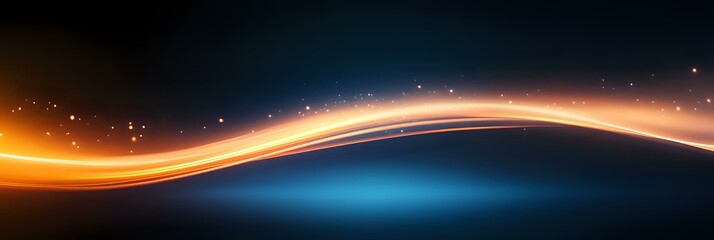 Aufkleber - Glowing orange wave with sparkles flows across dark blue background creating dynamic motion effect for technology and communication designs.