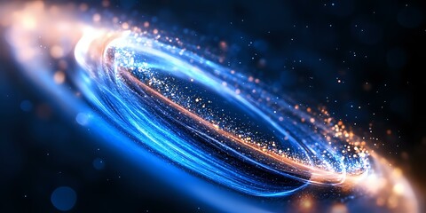 Poster - Glowing spiral of cosmic energy with blue light trails and golden particles swirling in dark space, creating dynamic motion effect for astronomy and science backgrounds.