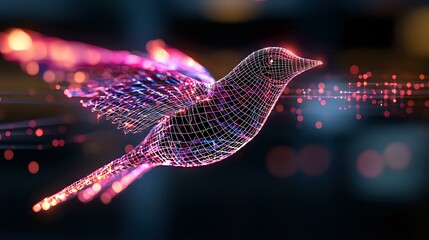 Poster - Digital wireframe hummingbird glowing with pink neon light effect against dark background with bokeh lights, modern technology and nature concept.