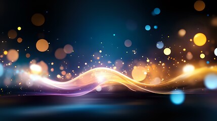 Poster - Magical glowing wave with colorful bokeh lights and sparkles on dark background, abstract flowing energy line with golden and blue particles.
