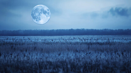 Poster - Majestic full moon glowing in the night sky over dreamy moonlit fields creating a soft ambient light blur.