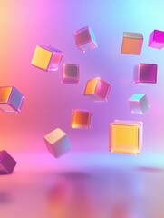 Aufkleber - Colorful 3D cubes floating in a futuristic minimalistic background with soft reflections and neon gradients