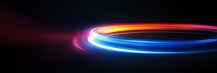 Aufkleber - glowing neon light trails forming circular motion path against dark background, vibrant blue and ora