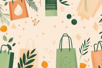 Poster - Modern background showcasing reusable grocery bags and sustainable packaging in green and beige tones Generative AI