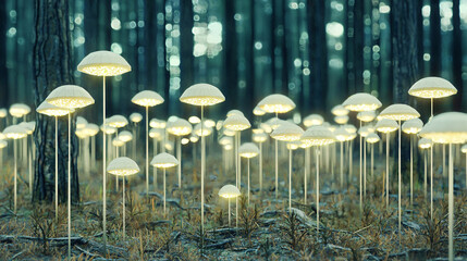 Poster - An enchanted forest scene filled with lush mushrooms bathed in ambient light, evoking a mystical atmosphere of elemental wonder and natural beauty.