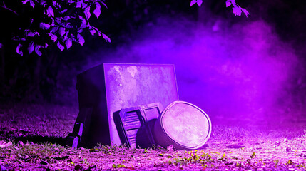 Poster - Ethereal purple light shining through atmospheric fog creating a mystical ambiance in a fantasy world setting of enchantment and wonder.