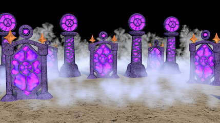 Poster - Unique group of purple and orange tombstones standing in an atmospheric fog with enchanted vibes in a fantasy world setting of mystery.
