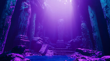 Poster - Serene cave with a cascading waterfall surrounded by soft ambient glow creating a mystical atmosphere in a fantasy world of enchantment.