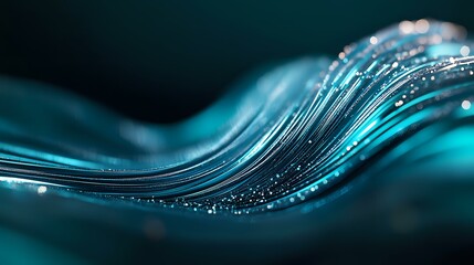 Aufkleber - luminous turquoise wave pattern with glowing particles and smooth flowing curves against dark backgr