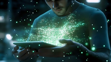 Poster - Young Caucasian man holding digital tablet with glowing green particles emerging from screen, creating magical ethereal effect in dark environment with bokeh lights.