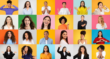 Poster - A vibrant collage features women from various backgrounds joyfully interacting. They display a range of emotions amid colorful backgrounds, showcasing unity in diversity.