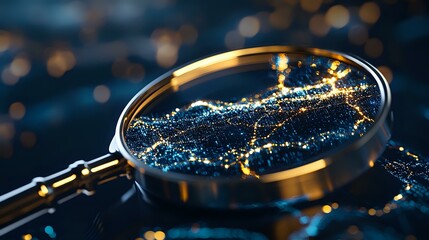 Poster - Magnifying glass revealing glowing blue network connections on dark background with golden bokeh lights, symbolizing data analysis and digital investigation.