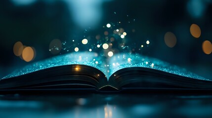 Poster - Open magical book with glowing light, sparkles and bokeh effects rising from pages against dark background, creating mystical atmosphere for fantasy and education concepts.