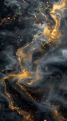 Poster - Abstract dark gray smoke with golden glowing particles and light effects creating mysterious flowing patterns against black background. Suitable for luxury design.