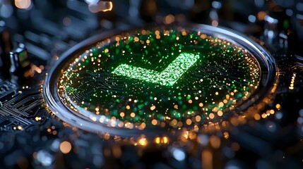 Poster - Glowing green checkmark symbol on dark circuit board with bokeh light effects and selective focus, representing digital approval or verification status.