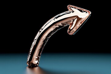 Poster - Metallic rose gold curved arrow pointing upward on dark background, glossy reflective surface with dramatic lighting. Suitable for business growth concepts.