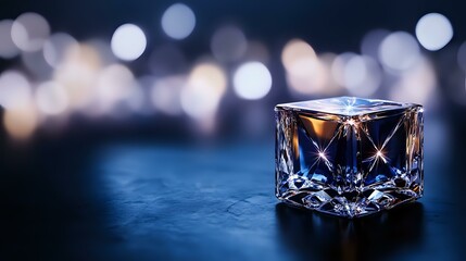 Poster - Crystal glass cube on dark surface with soft bokeh lights in background creates elegant atmospheric composition suitable for luxury product photography and design layouts.